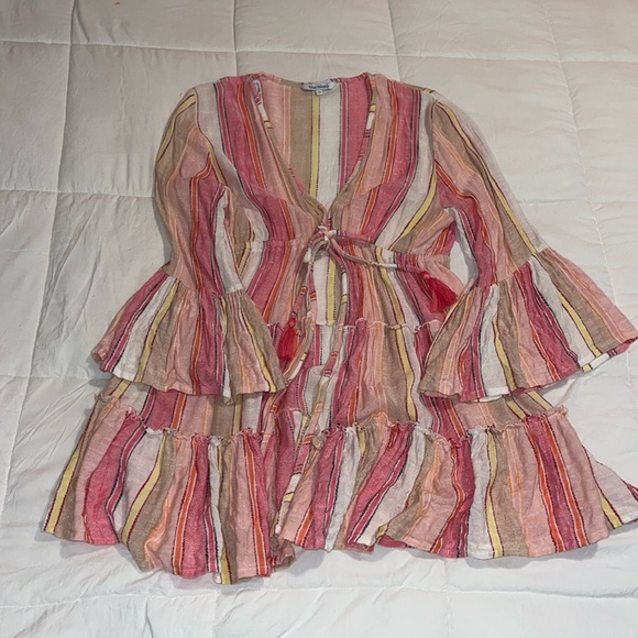 EUC! Blue Island size M multi-color stripe beach kimono w/tassels. - Picture 1 of 4